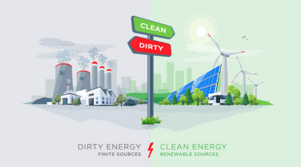 Vector illustration showing directional sign to clean or dirty electricity factory production. Polluting fossil thermal coal power plant versus clean solar panels and wind turbines renewable energy.