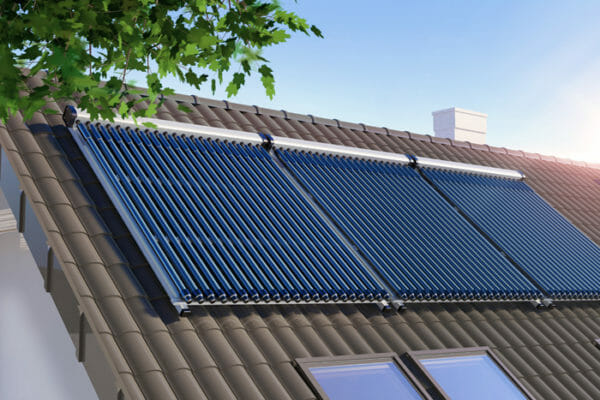 Solar water heater on the roof alternative energy concept - 3D illustration